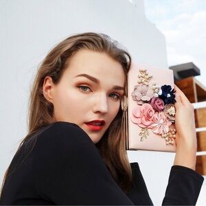 Floral Embellished Black Clutch by Milisente w/ Removable Chains 8”x 5”